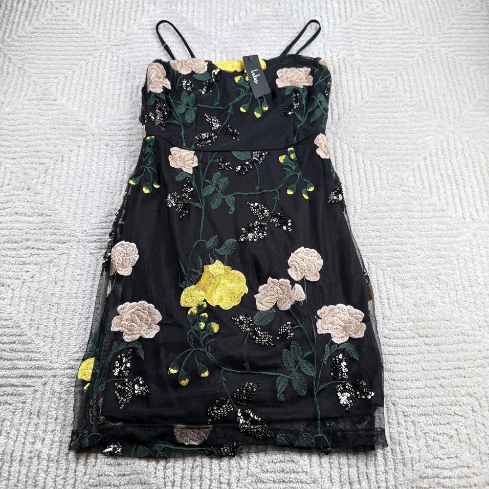 Lulus Floral Embroidered Sequin Mini Dress Women's S Black Cocktail Party Glam